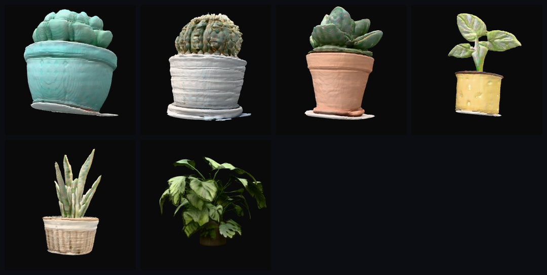 The finished houseplant set after vision QA: six potted plants generated from one brief; the three that failed QA (golden barrel cactus, monstera sapling, trailing pothos) were each rebuilt once from the critic's revised prompts
