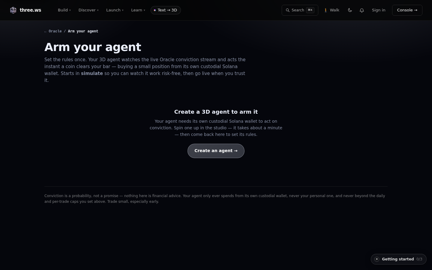 The 'Arm your agent' page prompting the user to create a 3D agent, with the configuration surface for conviction bar, position sizing, caps, narrative filters, alerts, and a live qualifying-coins preview.