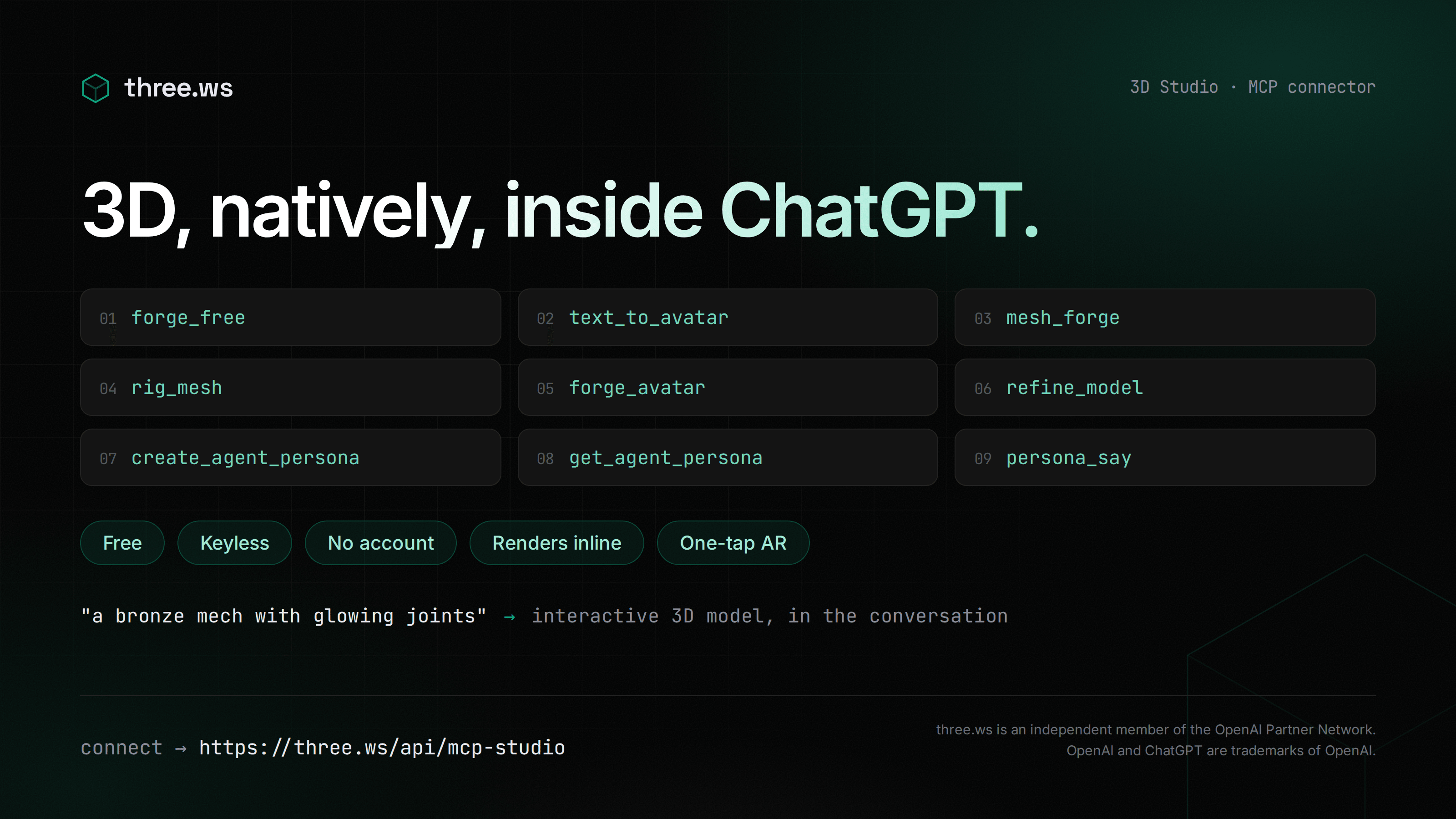 The nine tools the three.ws 3D Studio connector adds to ChatGPT